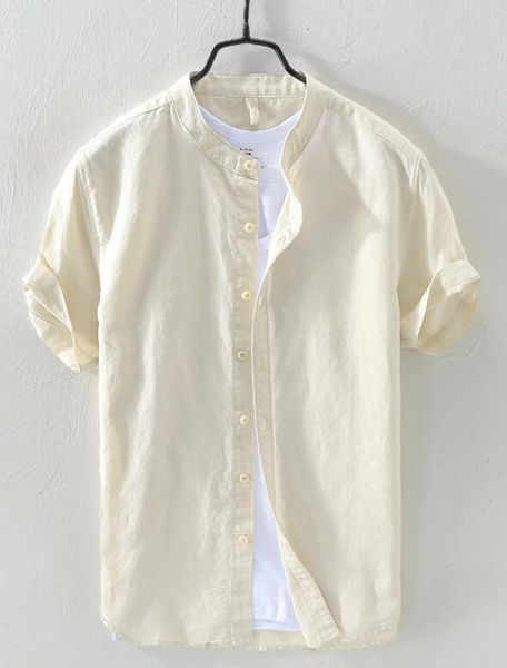 cotton and linen men's solid color stand collar single-breasted short-sleeved shirt, White;black
cotton and linen men's solid color stand collar single-breasted short-sleeved shirt, White;black