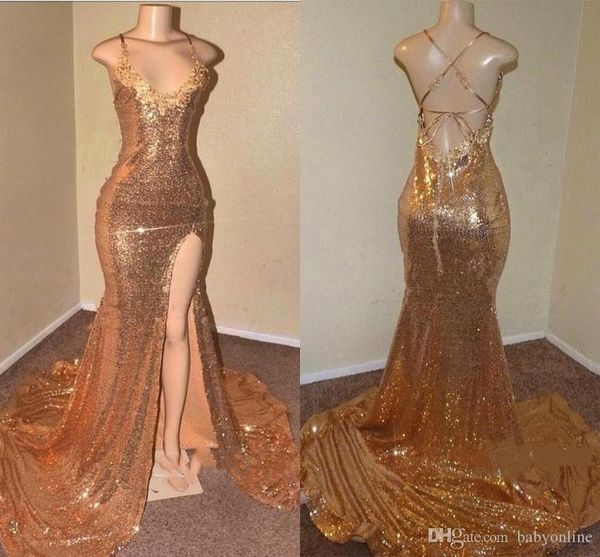 reflective gold mermaid prom dresses long 2019 sequins criss cross backless spaghetti straps front split long evening gowns dress, Black
reflective gold mermaid prom dresses long 2019 sequins criss cross backless spaghetti straps front split long evening gowns dress, Black