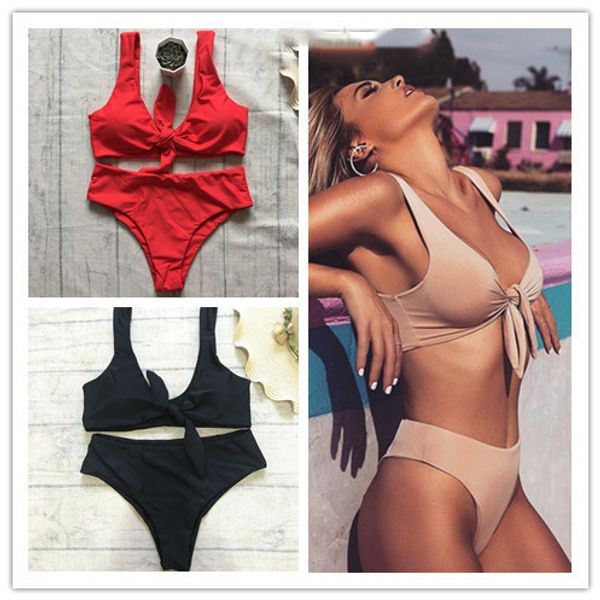 women fashion chest knotted bikini high waist solid color swimsuit lady europe and america strap bikini, White;black
women fashion chest knotted bikini high waist solid color swimsuit lady europe and america strap bikini, White;black