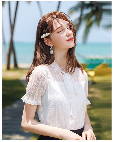 2020 summer new women's v-neck solid color hollow wild temperament ladies lace shirt, White
2020 summer new women's v-neck solid color hollow wild temperament ladies lace shirt, White