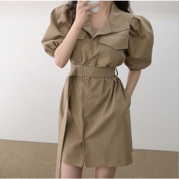 new 2020 women summer cargo dresses high waist pockets single breasted puff sleeve casual lace up mini dress cl396, Black;brown
new 2020 women summer cargo dresses high waist pockets single breasted puff sleeve casual lace up mini dress cl396, Black;brown