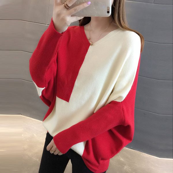 fashion patchwork v-neck pullovers sweaters women batwing sleeve loose knitted sweaters autumn winter female sweater fp1334, White;black 
fashion patchwork v-neck pullovers sweaters women batwing sleeve loose knitted sweaters autumn winter female sweater fp1334, White;black