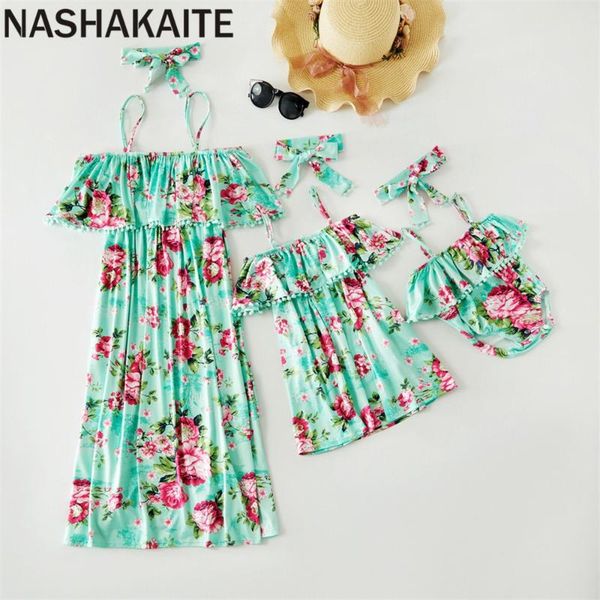 nashakaite mom and daughter dress green floral print off shoulder dress baby romper with headband summer family matching clothes, Blue
nashakaite mom and daughter dress green floral print off shoulder dress baby romper with headband summer family matching clothes, Blue
