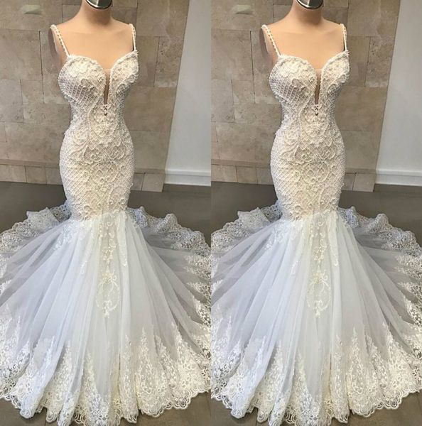 2019 mermaid wedding dresses spaghetti lace bridal gowns with appliqued sweep train illusion sleeveless princess wedding dress custom, White
2019 mermaid wedding dresses spaghetti lace bridal gowns with appliqued sweep train illusion sleeveless princess wedding dress custom, White
