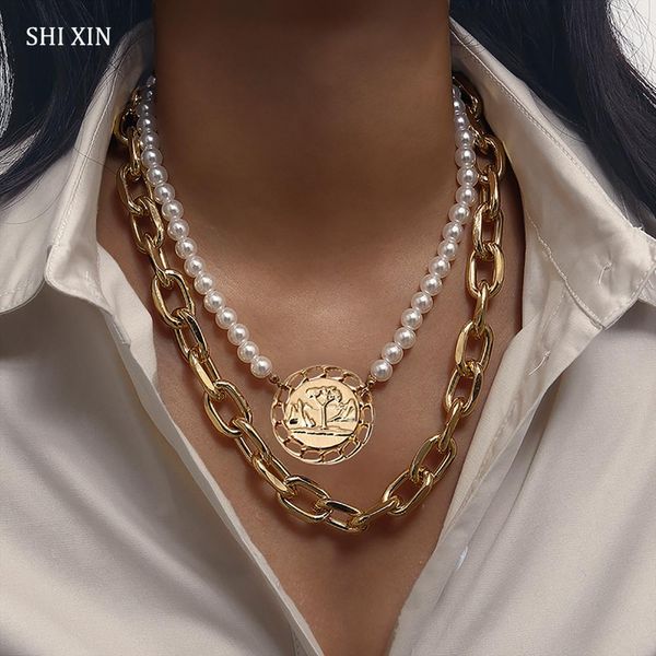 

shixin punk layered pearl beads choker necklace for women hip hop chunky chain necklaces with coin pendant personalized fashion, Silver