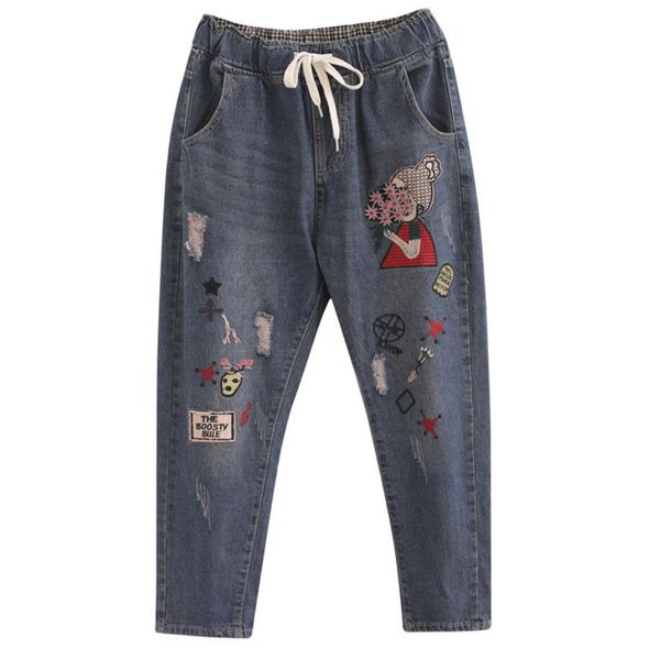 new autumn spring women flowers embroidery stitch hole jeans female elastic waist casual harem pants denim pants r2096, Blue
new autumn spring women flowers embroidery stitch hole jeans female elastic waist casual harem pants denim pants r2096, Blue