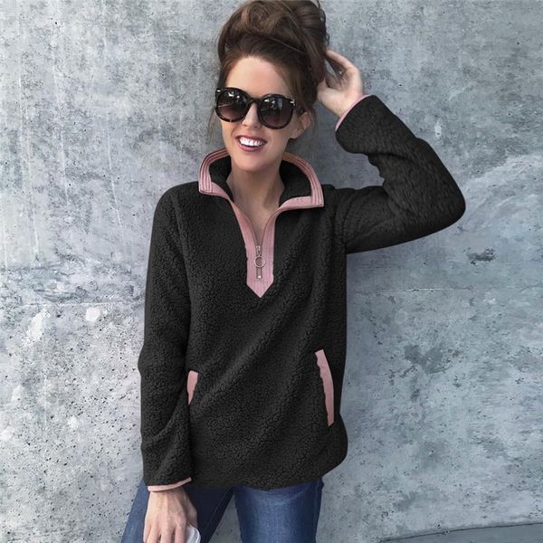 fashion women designer sweater style contrast pocket warm plush jacket casual loose lapel pullover zipper hoodie ladies clothing, White;black
fashion women designer sweater style contrast pocket warm plush jacket casual loose lapel pullover zipper hoodie ladies clothing, White;black