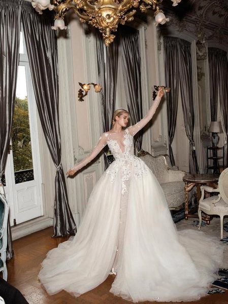 2019 ivory mermaid wedding dress vintage lace with detachable train long sleeve appliqued sheer neck plus size open back bridal gowns, White
2019 ivory mermaid wedding dress vintage lace with detachable train long sleeve appliqued sheer neck plus size open back bridal gowns, White