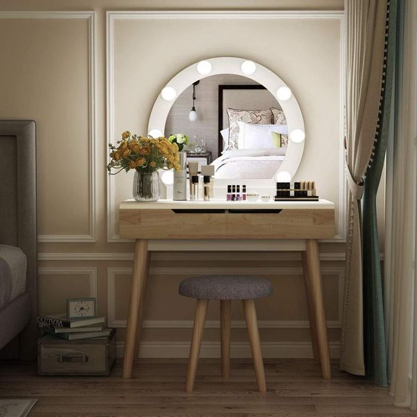 vanity set with round lighted mirror wood makeup table dressing dresser desk 2 drawers cushioned stool for bedroom ing
vanity set with round lighted mirror wood makeup table dressing dresser desk 2 drawers cushioned stool for bedroom ing