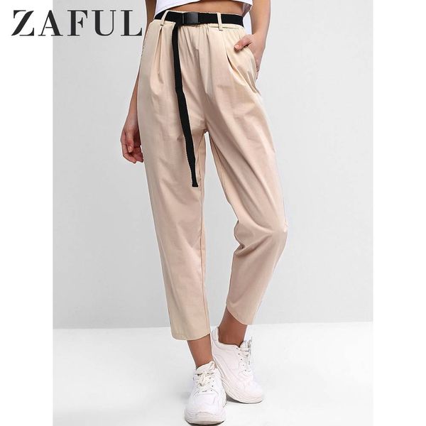 

zaful pocket high waisted belted pants loose sashes embellishment push buckle pencil pants elastic waist solid women capri 2019, Black;white