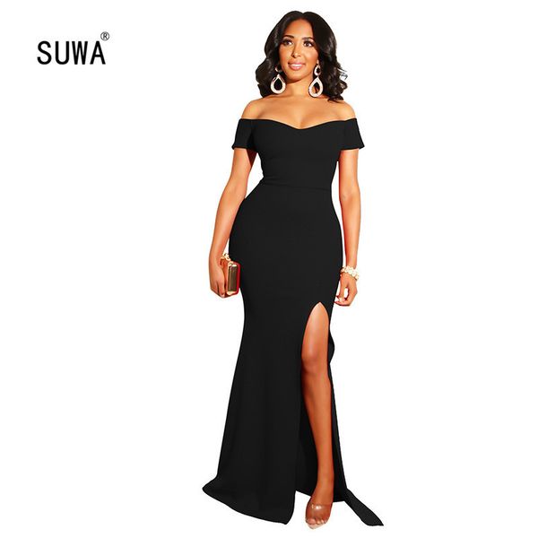 evening party elegant women slash neck off shoulder maxi dress ladies slim high split side vestidos mermaid robes 4 color, Black;pink 
evening party elegant women slash neck off shoulder maxi dress ladies slim high split side vestidos mermaid robes 4 color, Black;pink