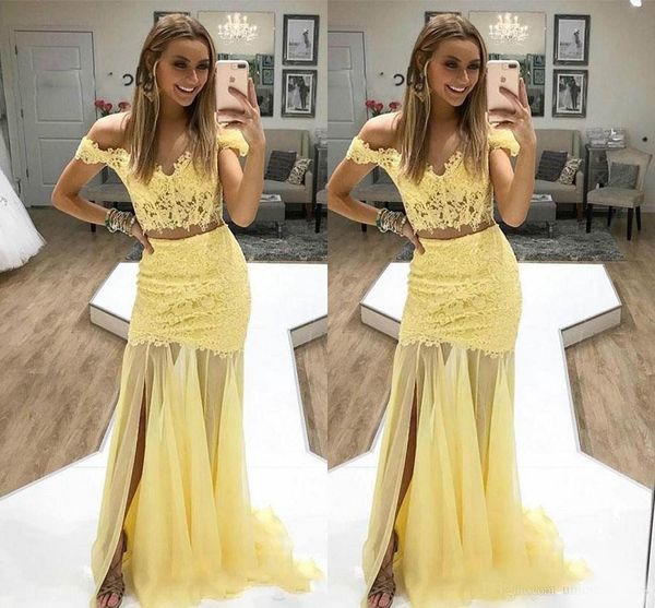 two pieces yellow mermaid prom dresses 2020 off shoulder lace appliques evening wear party gowns with split, Black
two pieces yellow mermaid prom dresses 2020 off shoulder lace appliques evening wear party gowns with split, Black