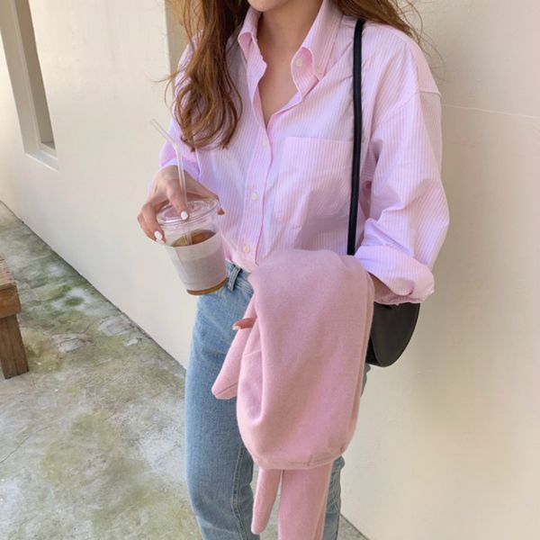 women spring long sleeve pink striped elegant blouse single breasted casual shirt turn-down collar loose with pocket, White
women spring long sleeve pink striped elegant blouse single breasted casual shirt turn-down collar loose with pocket, White