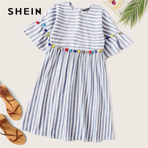 

shein boho cute blue colorful pompom detail striped smock summer dress women high waist short tunic straight dresses, Black;gray