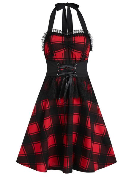 women scotland plaids dress fashion lace printed bandage designer halter classical dresses, Black;gray
women scotland plaids dress fashion lace printed bandage designer halter classical dresses, Black;gray