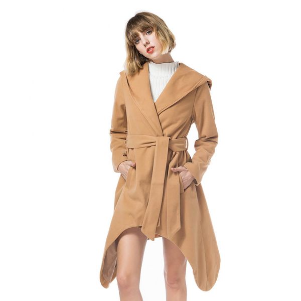 women's fashion winter solid color hooded belt warm woolen fabric long sleeve hem irregular simple wild long coat ing, Tan;black
women's fashion winter solid color hooded belt warm woolen fabric long sleeve hem irregular simple wild long coat ing, Tan;black