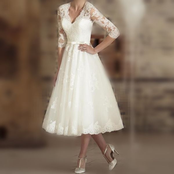 custom made applique vintage deep v neck tea length lace wedding dress short three quarter sleeve sheer a line bridal gowns, White
custom made applique vintage deep v neck tea length lace wedding dress short three quarter sleeve sheer a line bridal gowns, White