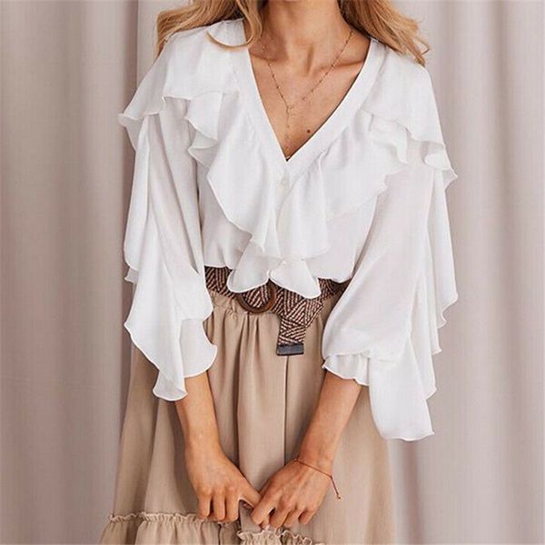women ladies deep v neck button down chiffon ruffle long elastic puff sleeve loose shirts summer cool blouse, White
women ladies deep v neck button down chiffon ruffle long elastic puff sleeve loose shirts summer cool blouse, White