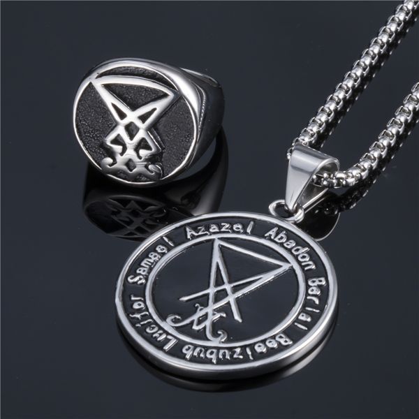 jewelry set sigil of lucifer ring necklace set baphomet goat pentagram satan symbol stainless steel both sided pendant chain, Silver
jewelry set sigil of lucifer ring necklace set baphomet goat pentagram satan symbol stainless steel both sided pendant chain, Silver