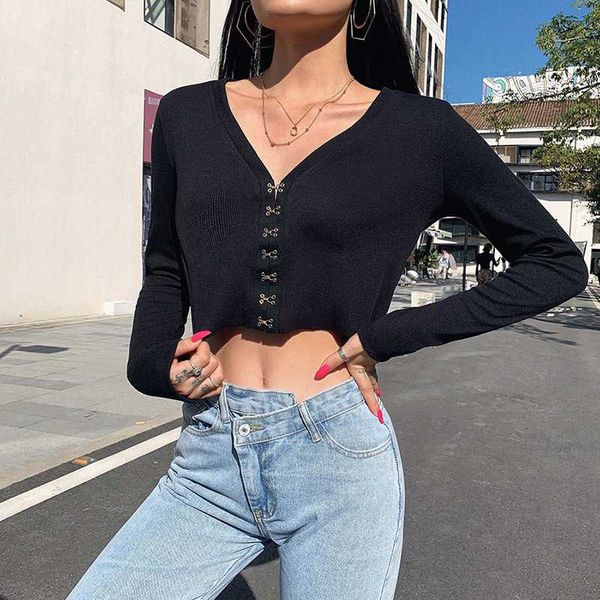 women's t-shirt autumn black v-neck knitting crop metal buckle design elegant slim t-shirts 2021 winter harajuku casual stretch tees, White
women's t-shirt autumn black v-neck knitting crop metal buckle design elegant slim t-shirts 2021 winter harajuku casual stretch tees, White
