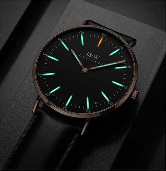 carnival men tritium light watch t25 quartz japan movement ultra thin 6mm tritium gas luminous watch luxury gift 40mm, Slivery;brown