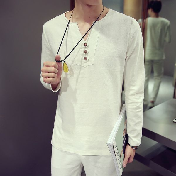 2018 spring clothing new style flax men's casual long sleeve t-shirt slim fit v-neck solid color cotton linen three buckles long, White;black
2018 spring clothing new style flax men's casual long sleeve t-shirt slim fit v-neck solid color cotton linen three buckles long, White;black