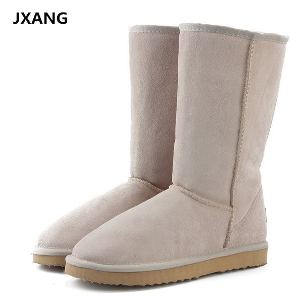 jxang brand snow boots women fashion genuine leather australia classic women's high boot winter women snow shoes y200114, Black