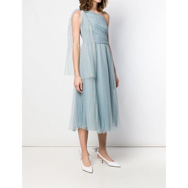 new fashion 2019 designer runway dress women's one-shoulder dot gauze pleated dress, Black;gray