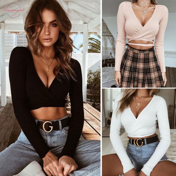 t shirt women autumn solid deep v neck bandage crop long sleeve casual clothes plus size, White
t shirt women autumn solid deep v neck bandage crop long sleeve casual clothes plus size, White