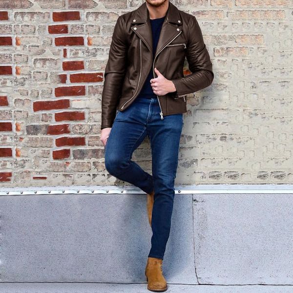 designer pu leather jacket zipper street style cool lapel neck mens coats long sleeved solid color mens clothing, Black
designer pu leather jacket zipper street style cool lapel neck mens coats long sleeved solid color mens clothing, Black