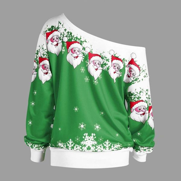 

women christmas plus size merry christmas santa claus print skew collar blouse s-5xl dames blouses lange mouwen e#, White