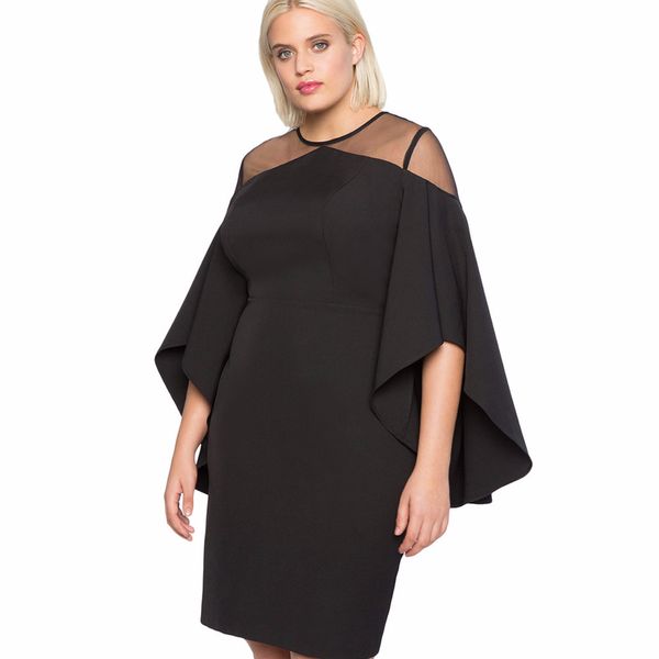 

joansam autumn 2019 party black red mesh illusion cold shoulder bell sleeve plus size dress women clothing vestidos, Black;gray