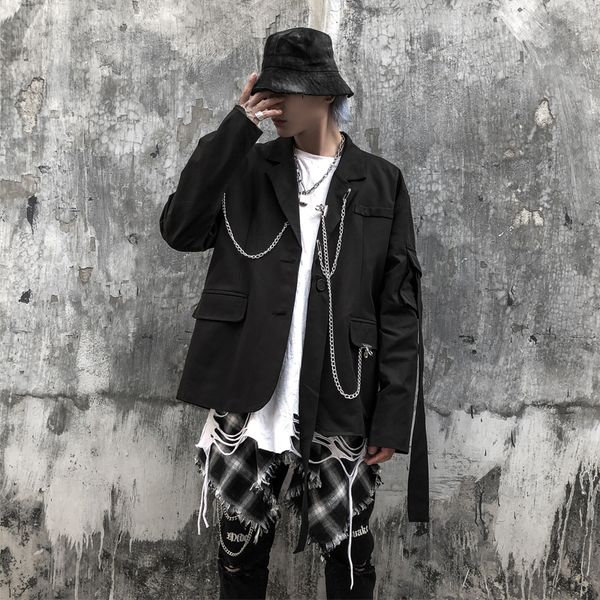 men dark black punk blazer jacket metal chain ribbon male streetwear hip hop gothic japan harajuku suit coat outerwear, White;black
men dark black punk blazer jacket metal chain ribbon male streetwear hip hop gothic japan harajuku suit coat outerwear, White;black
