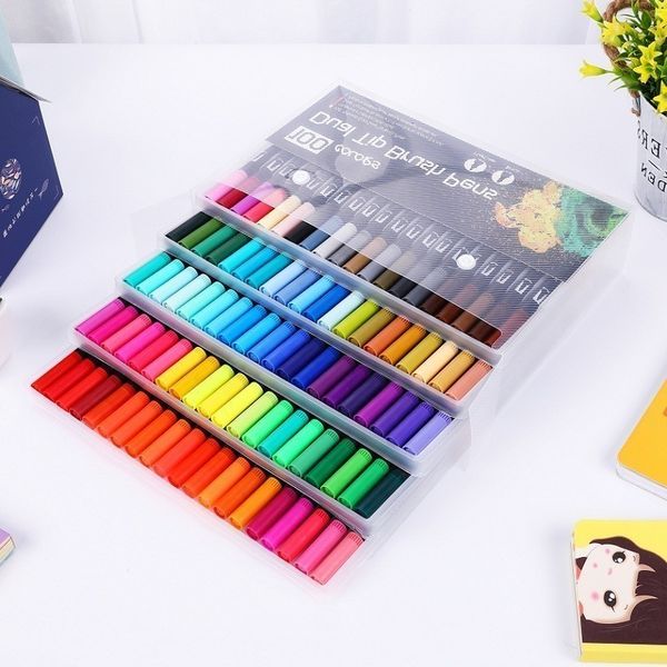 12/18/24/36/48/72/100 Colors Fineliner Drawing Painting Watercolor Art Marker Pens Dual Tip Brush Pen School Supplies Stationery