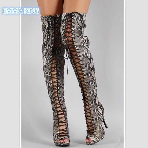 

snake prints women high heels thigh high boots hollow lace up shoes peep toe fashion ladies back zipper stilettos booties, Black