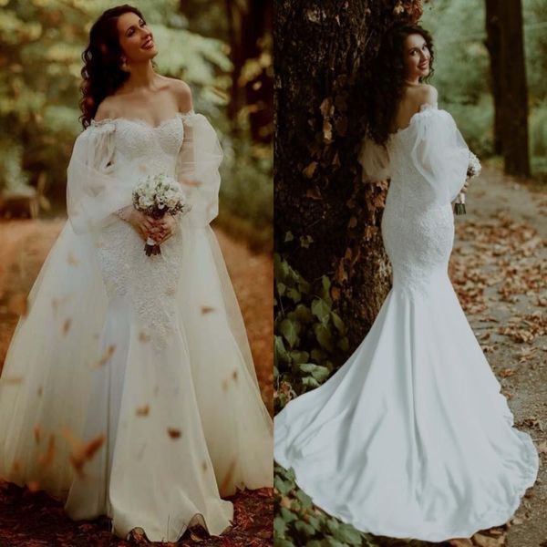 bohemia overskrts wedding dresses off the shoulder full sleeves mermaid bridal dress satin and tulle beach wear vestido novia, White
bohemia overskrts wedding dresses off the shoulder full sleeves mermaid bridal dress satin and tulle beach wear vestido novia, White
