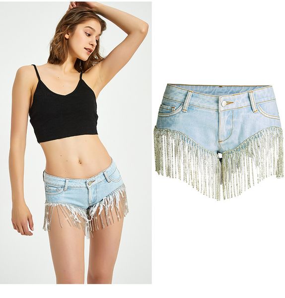 2020 summer nightclub retro women tassled diamond chain denim shorts hip wide leg denim shorts high waisted jeans, Blue
2020 summer nightclub retro women tassled diamond chain denim shorts hip wide leg denim shorts high waisted jeans, Blue