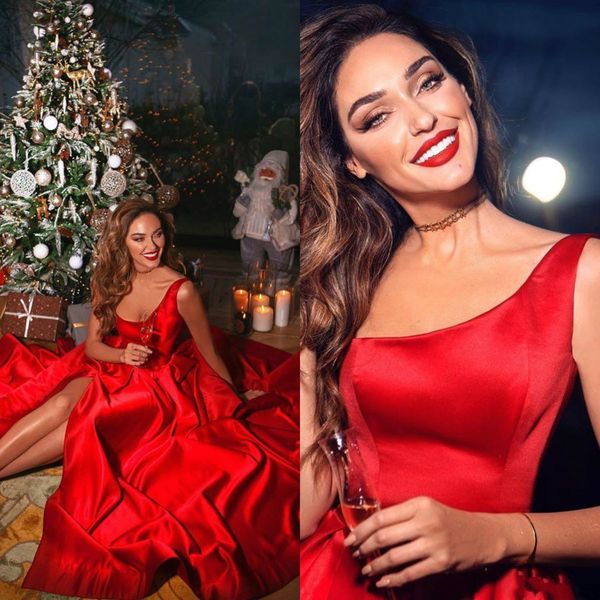 red prom dresses scoop neck satin side split party evening dress 2020 vestidos cocktail pageant gowns, Black
red prom dresses scoop neck satin side split party evening dress 2020 vestidos cocktail pageant gowns, Black