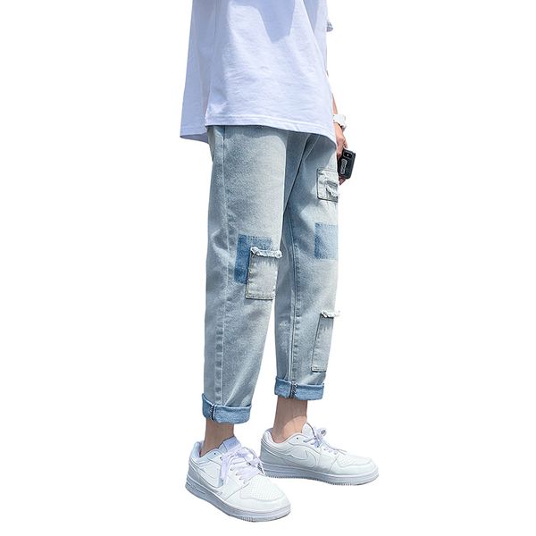 summer men's jeans fashion beggar patch stretch pants distressed pleated knee patch denim trousers stretch jeans, Blue 
summer men's jeans fashion beggar patch stretch pants distressed pleated knee patch denim trousers stretch jeans, Blue