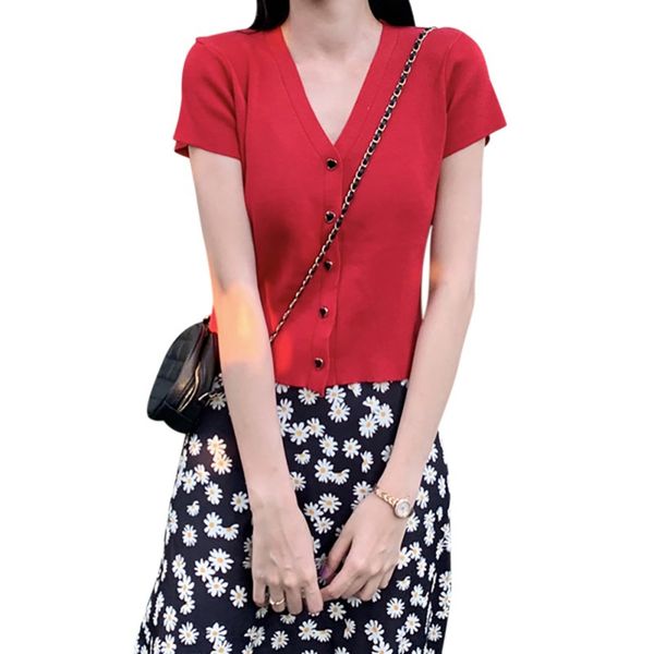 female v-neck short sleeve knitted t-shirt summer korean style slim thin short cardigan tee single-breasted design tshirt, White
female v-neck short sleeve knitted t-shirt summer korean style slim thin short cardigan tee single-breasted design tshirt, White