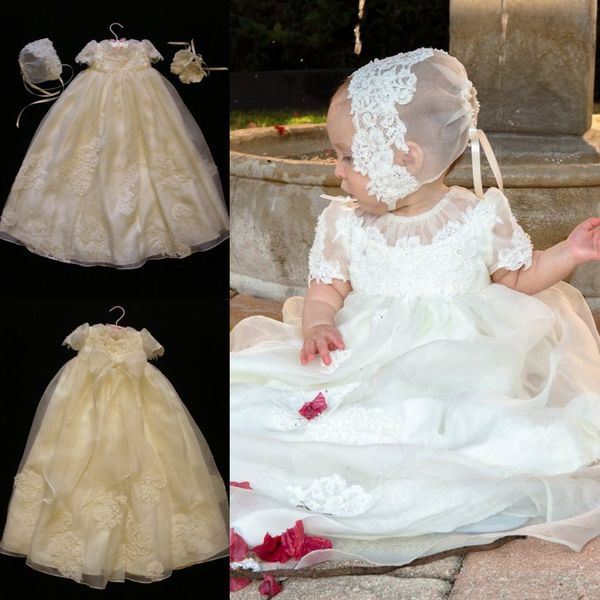 white ivory long christening gowns for baby girls lace appliqued short sleeve baptism dresses with bonnet first communication dress
white ivory long christening gowns for baby girls lace appliqued short sleeve baptism dresses with bonnet first communication dress