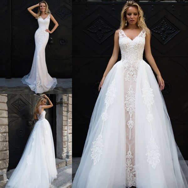 amazing mermaid lace wedding dresses with detachable train v neck appliqued bridal gowns trumpet sweep train tulle vestidos de novia, White
amazing mermaid lace wedding dresses with detachable train v neck appliqued bridal gowns trumpet sweep train tulle vestidos de novia, White