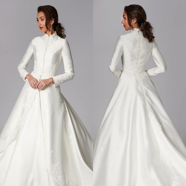 2020 modest muslim a line wedding dresses long sleeves satin appliques high neck country bridal gowns sweep train bohemian wedding dress, White
2020 modest muslim a line wedding dresses long sleeves satin appliques high neck country bridal gowns sweep train bohemian wedding dress, White