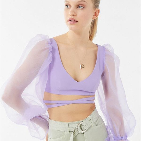 women's summer gauze lantern sleeve v-neck tshirts transparent mesh t-shirts crop, White
women's summer gauze lantern sleeve v-neck tshirts transparent mesh t-shirts crop, White