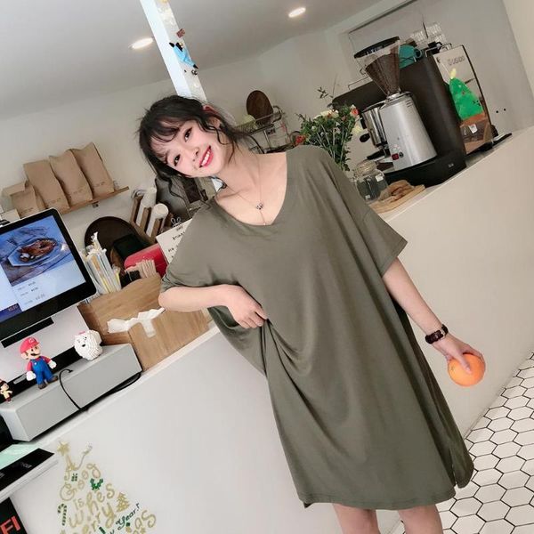 women's sleepwear spring and summer korean cotton thin loose modal nightdress long slit dress v neck size half sleeved, Black;red
women's sleepwear spring and summer korean cotton thin loose modal nightdress long slit dress v neck size half sleeved, Black;red