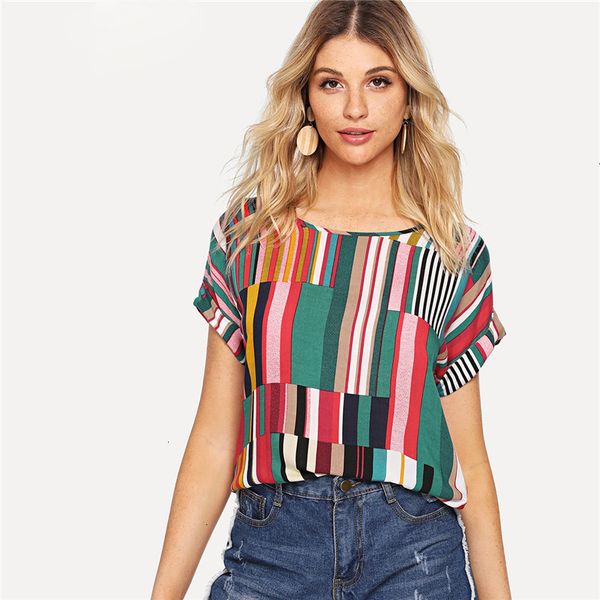 women designer shirt womens designer clothes mix striped print rolled up tshirt casual loose scoop neck colorblock t shirt summer, White
women designer shirt womens designer clothes mix striped print rolled up tshirt casual loose scoop neck colorblock t shirt summer, White