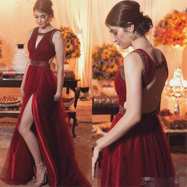 2020 burgundy prom dresses jewel neck beaded waist side slit backless custom made plus size tulle evening party gowns formal occasion wear, Black
2020 burgundy prom dresses jewel neck beaded waist side slit backless custom made plus size tulle evening party gowns formal occasion wear, Black