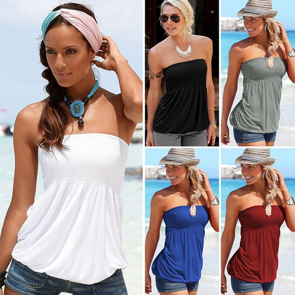 womens holiday strapless pleated tube shirt halter twisted tank blouse, White