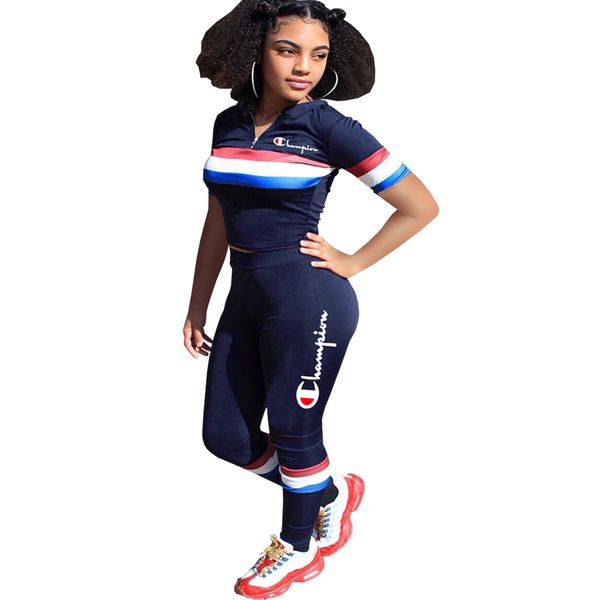 champions women two piece outfits stripe print letter embroidered short sleeve crop long pant set slim track suit dark blue
champions women two piece outfits stripe print letter embroidered short sleeve crop long pant set slim track suit dark blue
