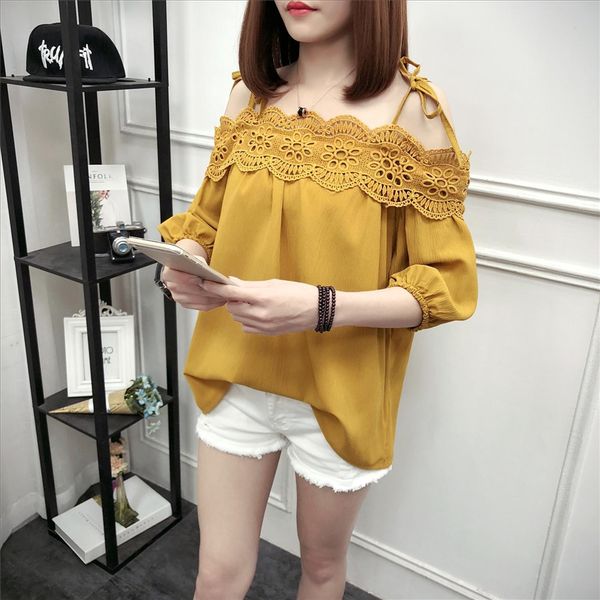 2019 season all-match one-line collar strapless women's shoulder strap chiffon doll chiffon shirt loose fresh middle sleeve doll shirt, White
2019 season all-match one-line collar strapless women's shoulder strap chiffon doll chiffon shirt loose fresh middle sleeve doll shirt, White